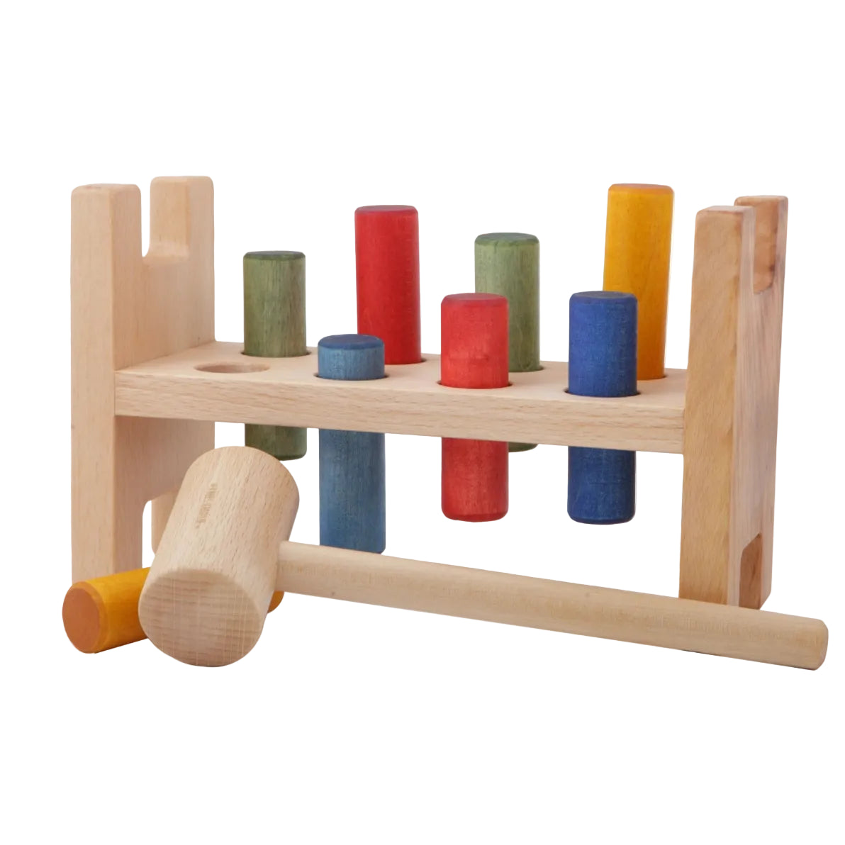 Wooden story Pound-a Peg natural wood toy with a hammer and rainbow colored pegs.