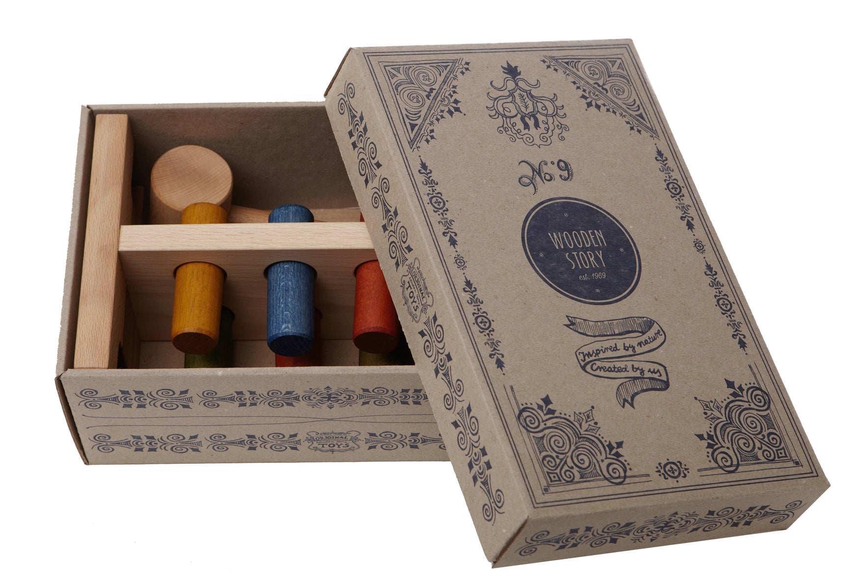Wooden Story Pound-A-Peg toy with rainbow colored pegs and a hammer in a eco-friendly gift box. 
