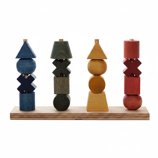 Wooden Story stacking and sorting shapes educational toy in rainbow colors.