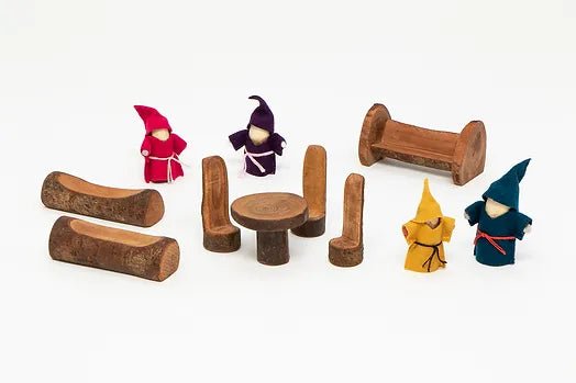 Tree blocks toys wooden gnomes and furniture