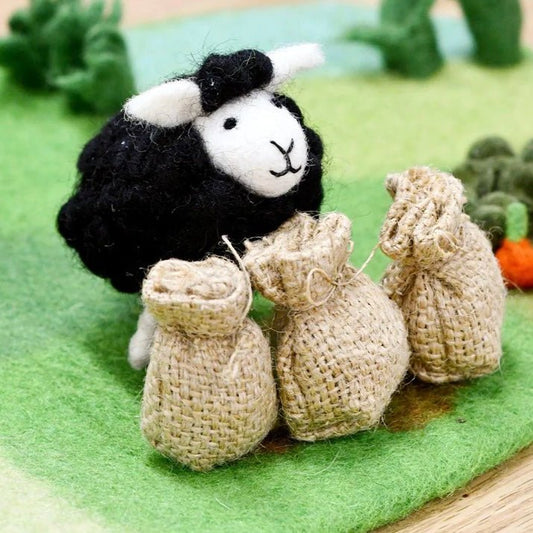 felt black sheep toy with bags of wool