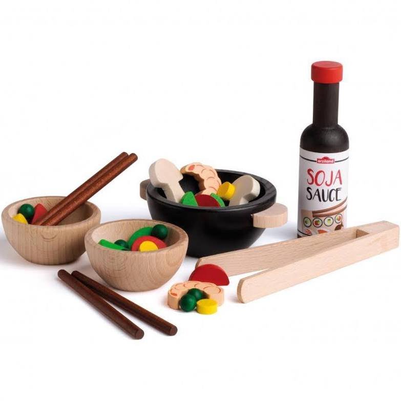 erzi wooden wok asian play food set