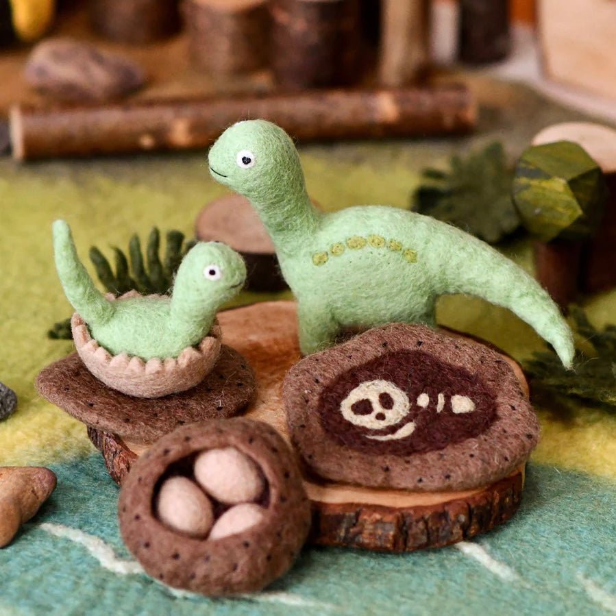 Needle-felted Brontosaurus Dinosaur Lifecycle Playset