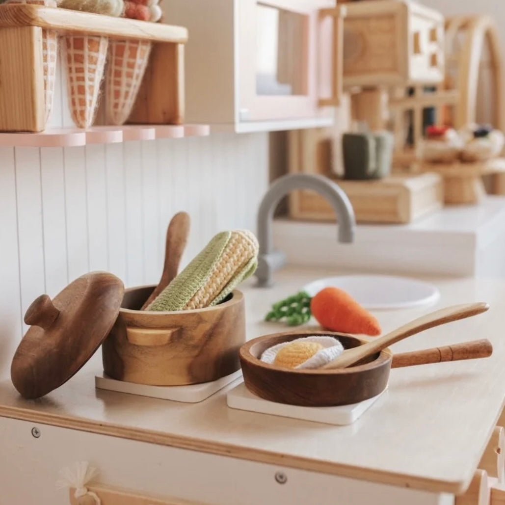 Montessori Style Wooden Mahogany Pot Pan Set