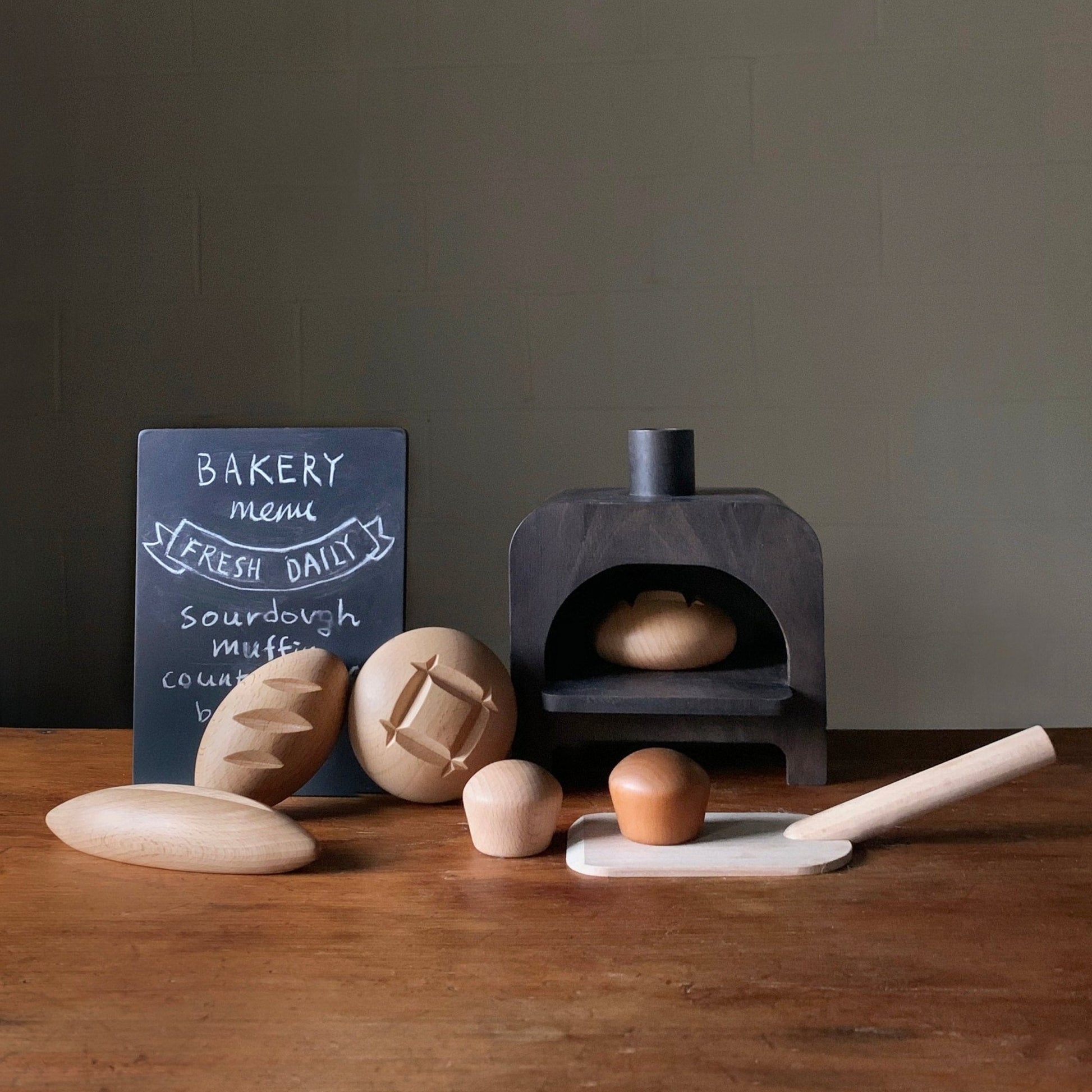 sustainable wooden oven and bread toys