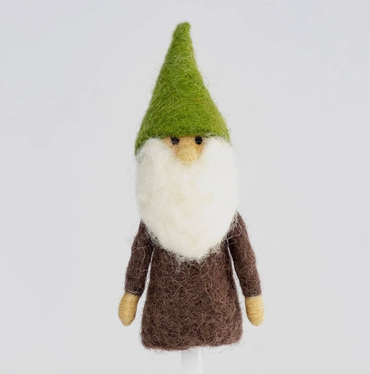 fair trade waldorf felted gnome finger puppet green hat