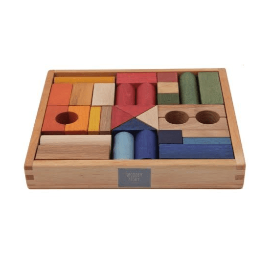 wooden story heirloom rainbow blocks toys in tray