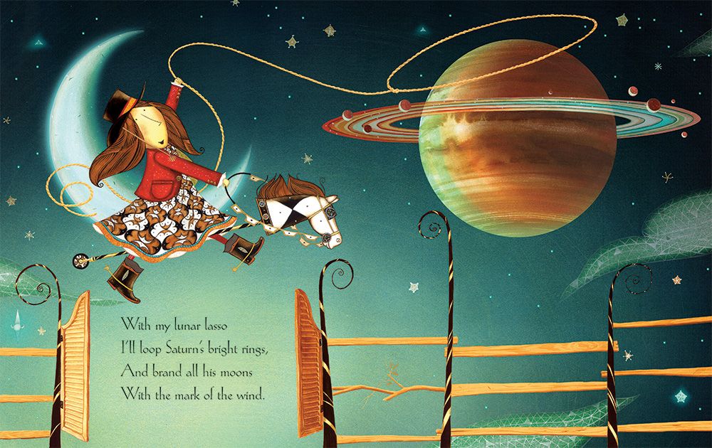 A girl flying by Saturn in Star Seeker Children's Book