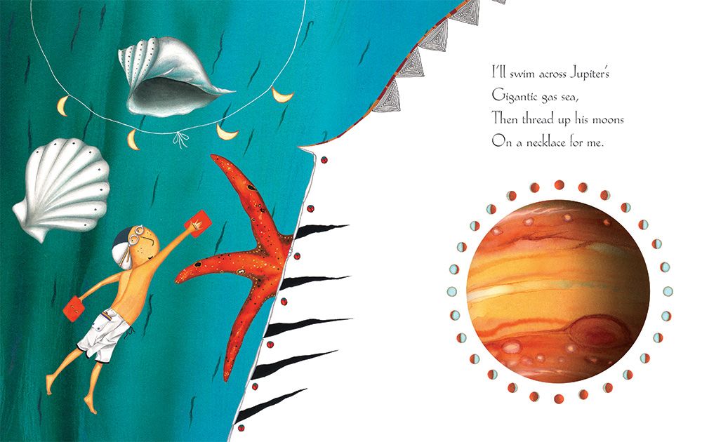 A boy swimming across Jupiter's gas sea in Star Seeker Children's Book